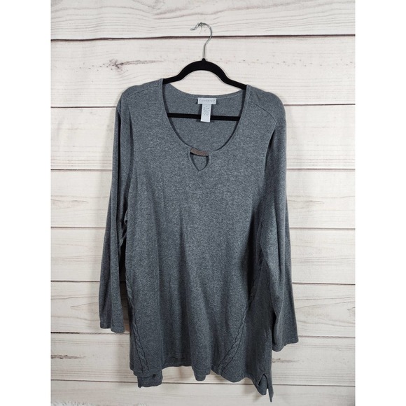 Catherines Women Cotton Keyhole‎ Neck Knit Sweater Long Sleeve Pullover Gray 1X - Picture 1 of 5